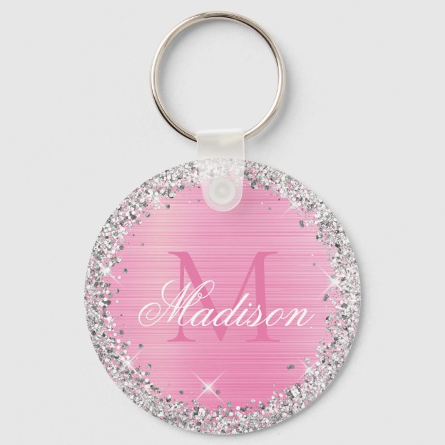 Cute Pink Brushed Metal Silver Glitter Monogram  Key Ring (Front)