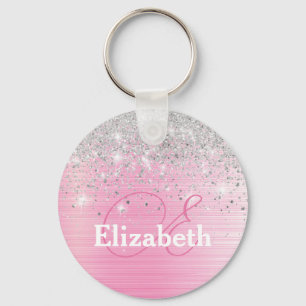 Cute Pink Brushed Metal Silver Glitter Monogram Key Ring