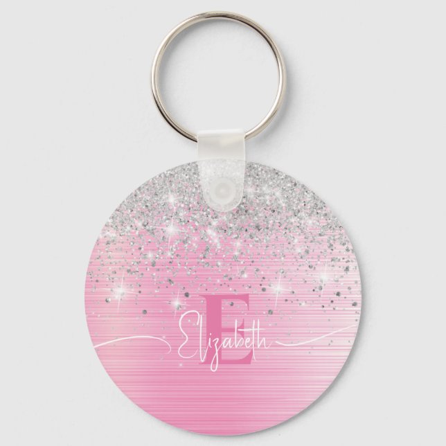 Cute Pink Brushed Metal Silver Glitter Monogram  Key Ring (Front)
