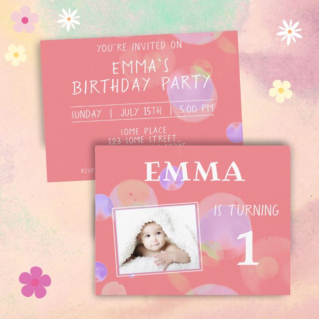 Cute Pink Bubbles 1st Birthday Party Photo Invitation Postcard (Creator Uploaded)