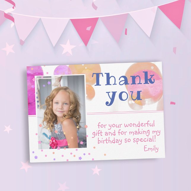 Cute Pink Bubbles Girly Photo Birthday Thank You Card (Creator Uploaded)