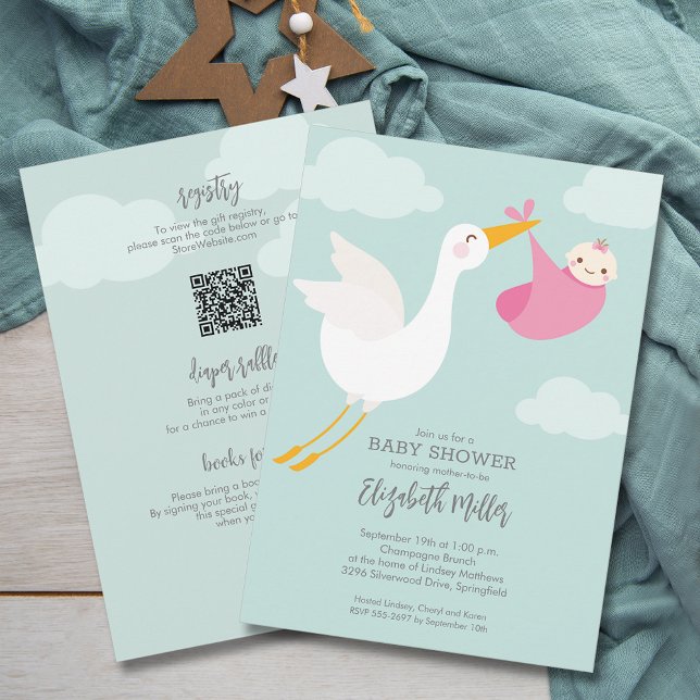 Cute Pink Bundle Stork Girl Baby Shower All in One Invitation (Cute Pink Bundle Stork Girl Baby Shower All In One Invitations, registry QR Code & more on the back)