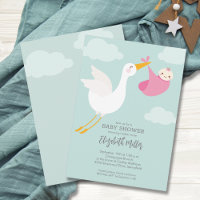 Cute Pink Bundle Stork Girl Baby Shower