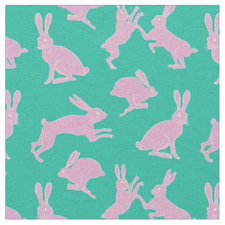 Cute Pink Bunnies on Green Background Fabric