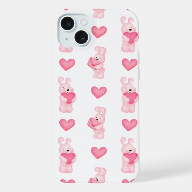 Cute Pink Bunnies with Hearts Pattern iPhone Case (Back)