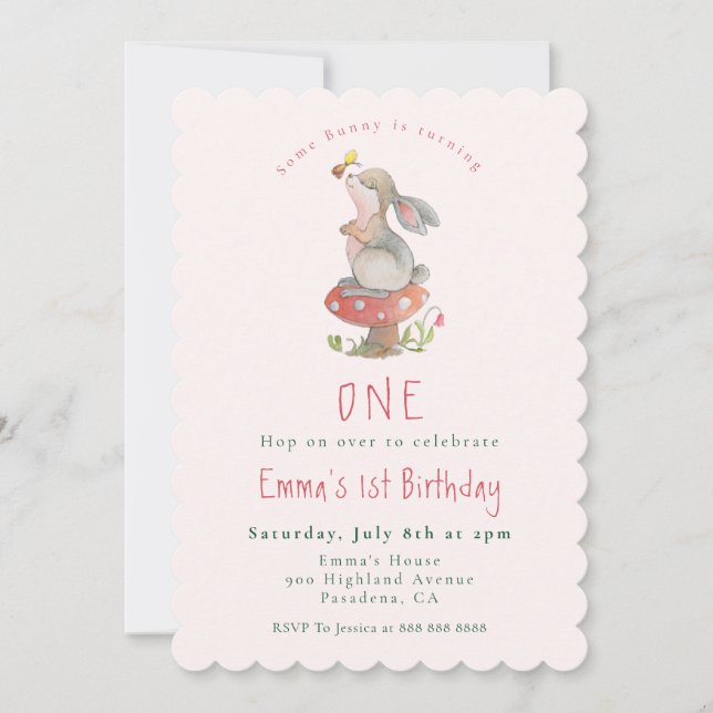 Cute Pink Bunny 1st birthday invitation (Front)