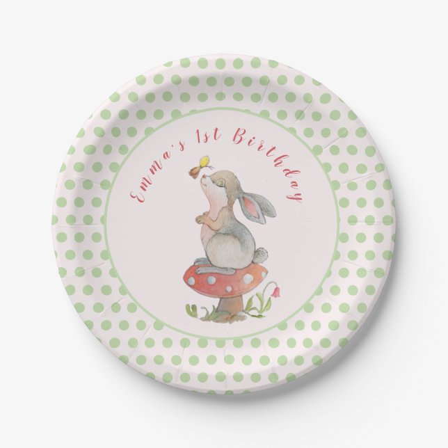 Cute Pink Bunny 1st birthday  Paper Plate (Front)