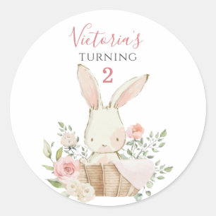 Cute Pink Bunny 2 Two Birthday Classic Round Sticker