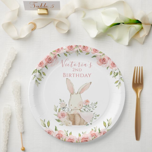 Cute Pink Bunny 2 Two Second Birthday  Paper Plate (Wedding)