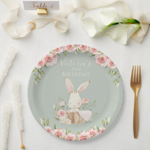 Cute Pink Bunny 2 Two Second Green Birthday Paper Plate