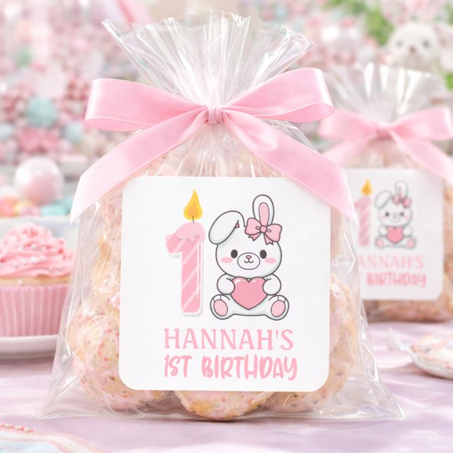 Cute Pink Bunny Candle Girls First Birthday  Square Sticker (pink bunny candle first birthday sticker)