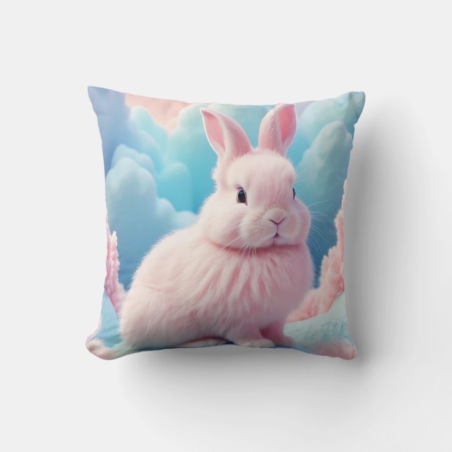 Cute Pink Bunny Cotton Candy Clouds Cushion (Front)