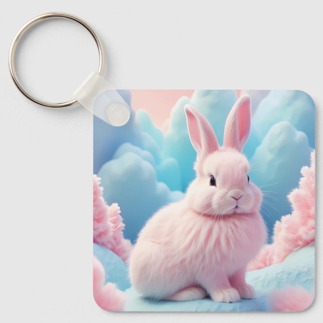 Cute Pink Bunny Cotton Candy Clouds Key Ring (Front)