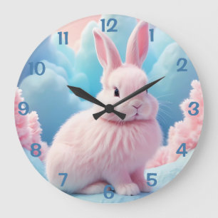 Cute Pink Bunny Cotton Candy Clouds Large Clock