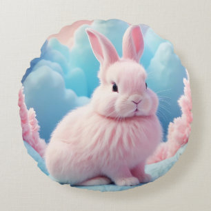 Cute Pink Bunny Cotton Candy Clouds Round Cushion