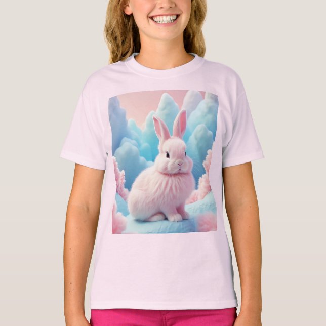 Cute Pink Bunny Cotton Candy Clouds T-Shirt (Front)
