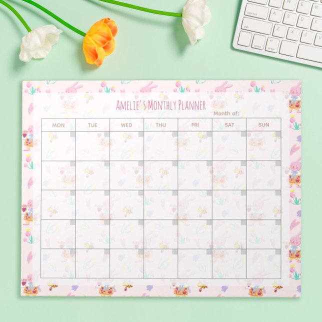 Cute Pink Bunny Floral Pattern Monthly Planner Notepad (Creator Uploaded)