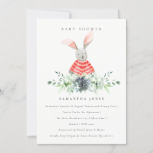 Cute Pink Bunny Garden Foliage Baby Shower Invite