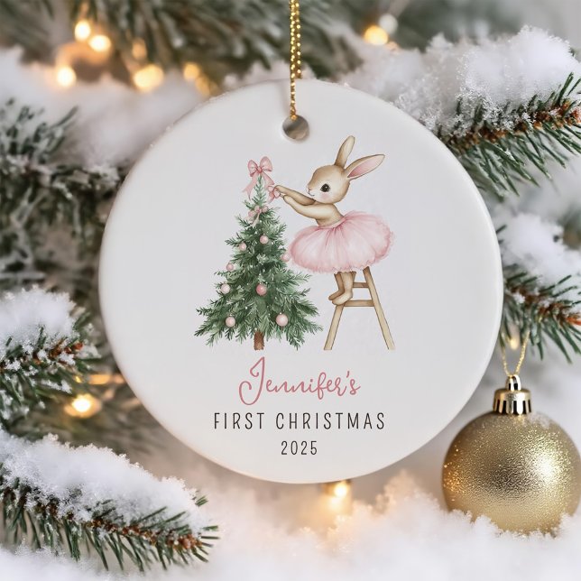 Cute Pink Bunny Girl Baby's First Christmas Ceramic Tree Decoration (Creator Uploaded)