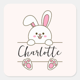 Cute Pink Bunny Girl's Let's Eat Cake Birthday  Square Sticker