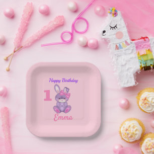 Cute Pink Bunny Girls Personalise Birthday Paper Plate
