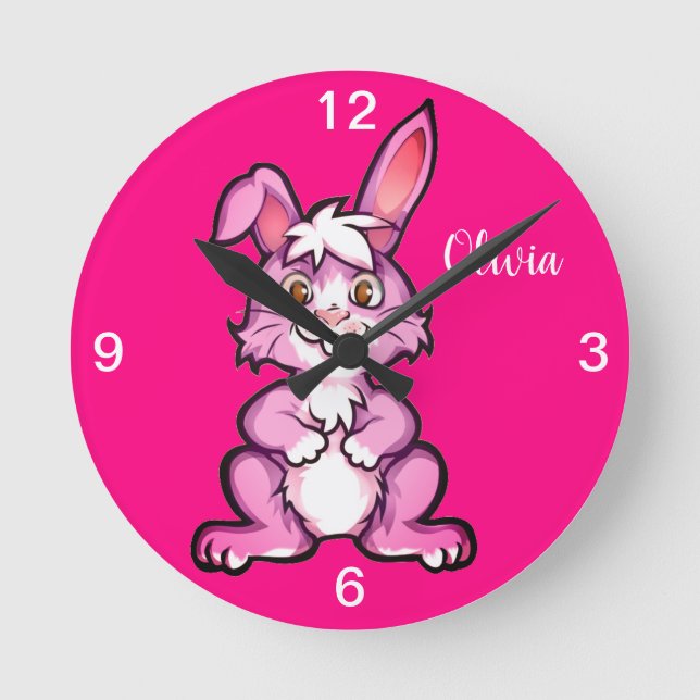 Cute Pink Bunny Kids Wall Clock (Front)