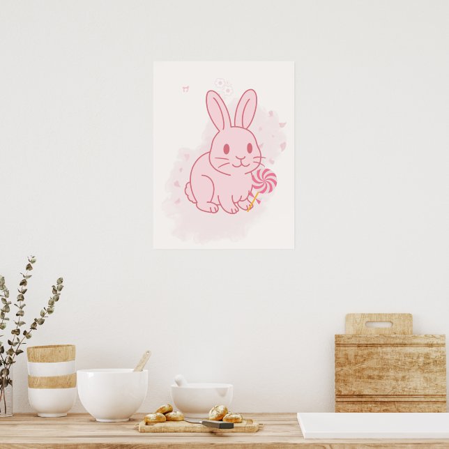 Cute Pink Bunny Nursery Wall Art (Kitchen)