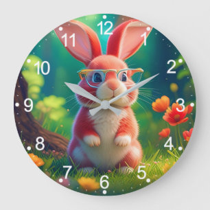 Cute Pink Bunny on Green Grass-47567 Large Clock