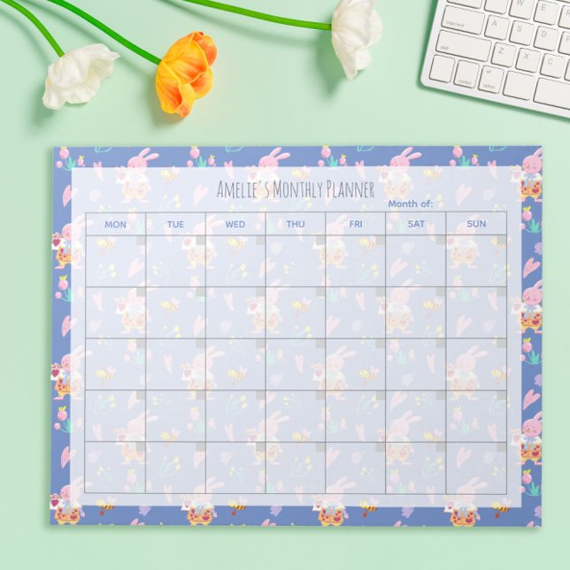 Cute Pink Bunny Pattern Blue Monthly Planner Notepad (Creator Uploaded)