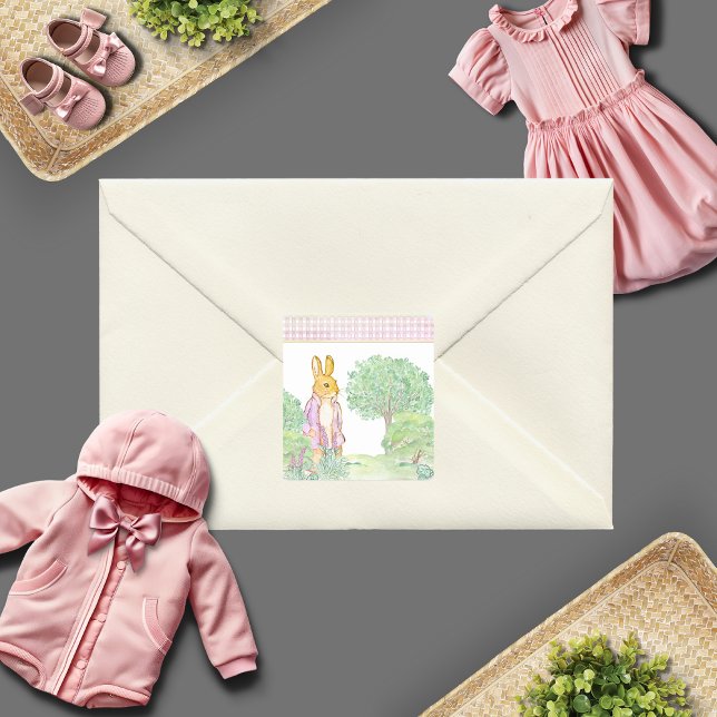 Cute Pink Bunny Rabbit Animal Theme Watercolor Square Sticker (Creator Uploaded)
