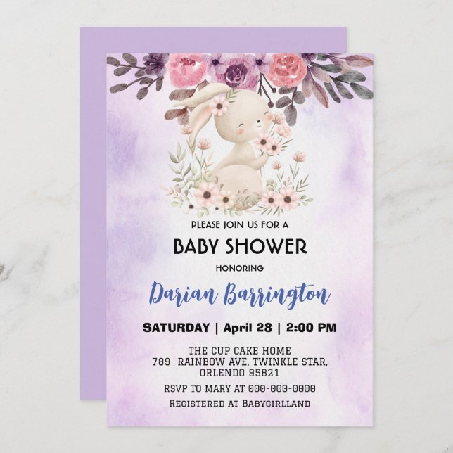 Cute pink bunny rabbit flower baby girl shower invitation (Front/Back)