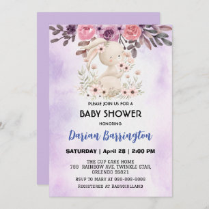 Cute pink bunny rabbit flower baby girl shower invitation