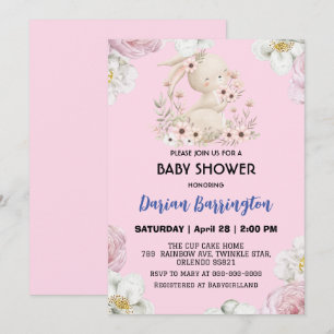 Cute pink bunny rabbit flower baby girl shower invitation
