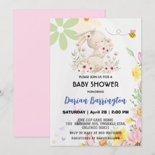 Cute pink bunny rabbit flower Bee baby girl shower Invitation