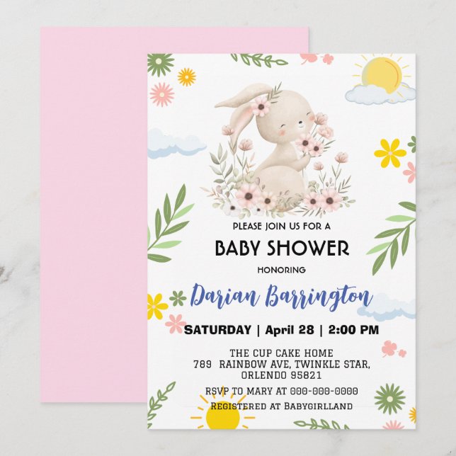 Cute pink bunny rabbit flower sun baby girl shower invitation (Front/Back)