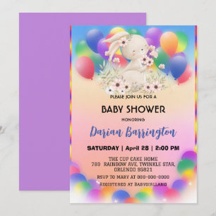 Cute pink bunny rabbit flowers balloon baby shower invitation
