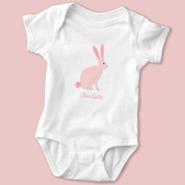 Cute Pink Bunny Rabbit Personalised Baby Bodysuit (Cute bunny rabbit personalized name baby bodysuit)