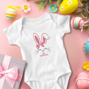 Cute Pink Bunny Ribbon First Easter Girl Baby Bodysuit