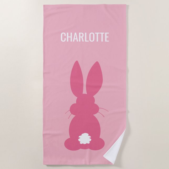 Cute Pink Bunny Silhouette Girls Personalised Beach Towel (Front)