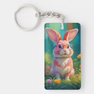 Cute Pink Bunny Sitting on Green Grass-47567 Key Ring