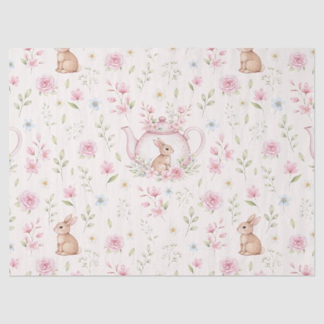 Cute Pink Bunny Teapot Floral Easter Tissue Paper (Front)