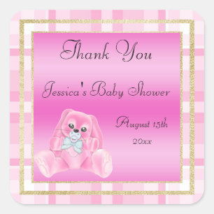 Cute Pink Bunny Thank You Baby Shower Square Sticker