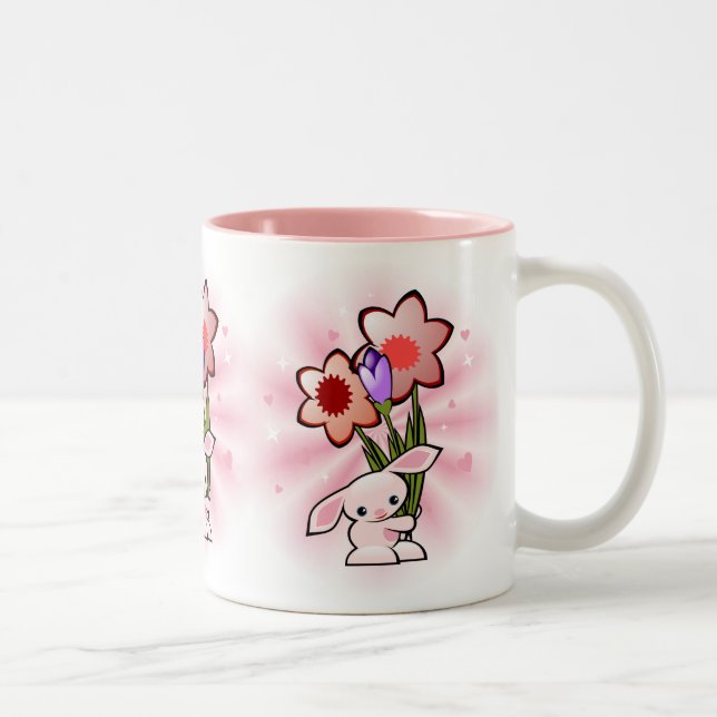 Cute Pink Bunny With Flowers Two-Tone Coffee Mug (Right)
