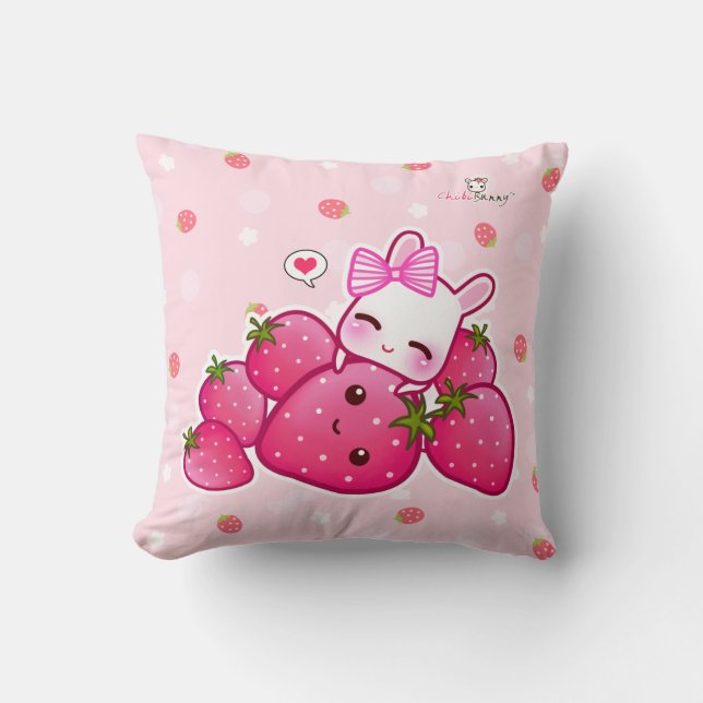 Cute pink bunny with kawaii strawberries cushion (Front)