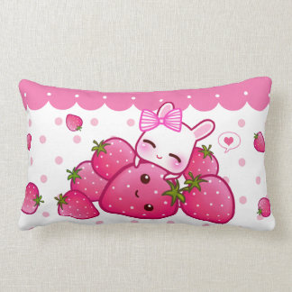 Cute pink bunny with kawaii strawberries lumbar cushion