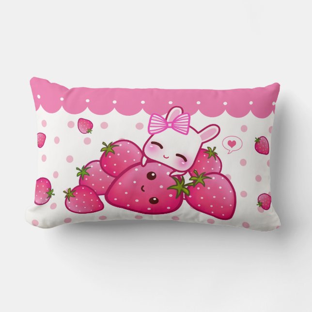 Cute pink bunny with kawaii strawberries lumbar cushion (Front)