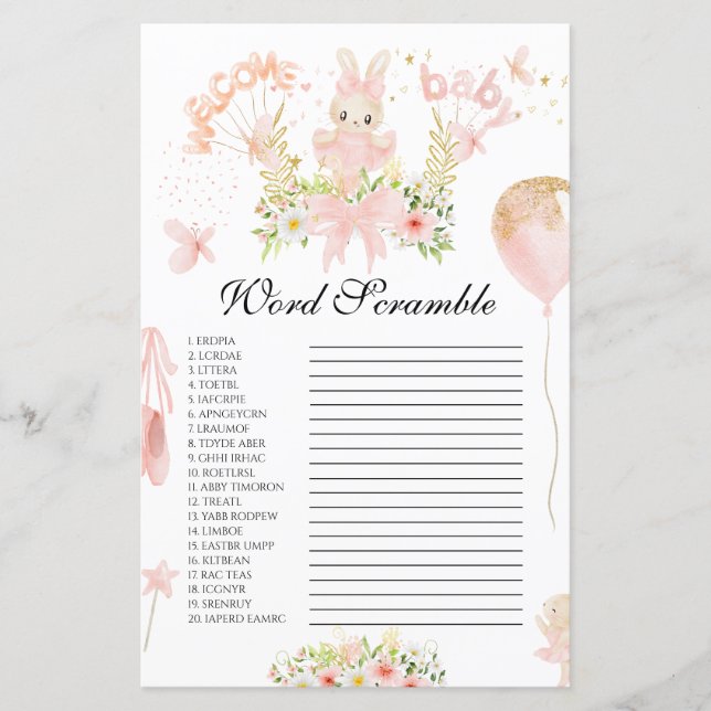 Cute pink buny ballerina baby shower word scramble (Front)