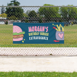 Cute Pink Burger and Fries Birthday Banner