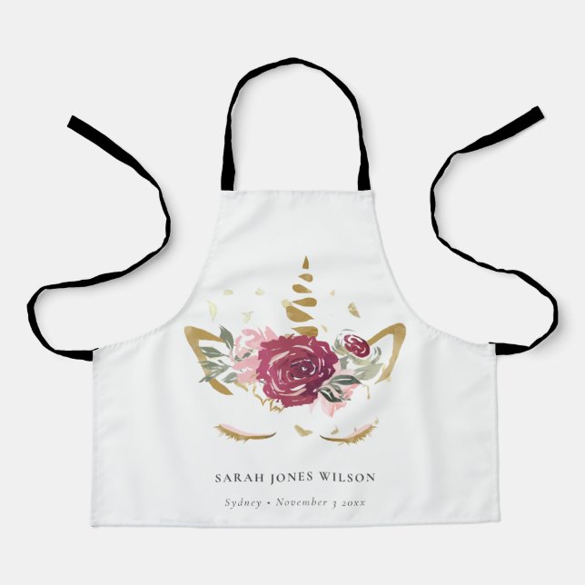 Cute Pink Burgundy Faux Gold Floral Unicorn Kids Apron (Front)