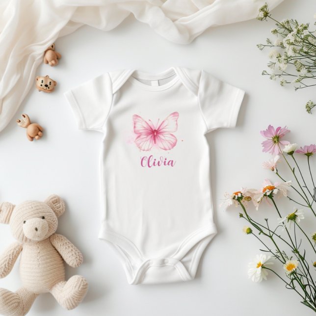 Cute Pink Butterfly Baby Personalized Bodysuit (Creator Uploaded)